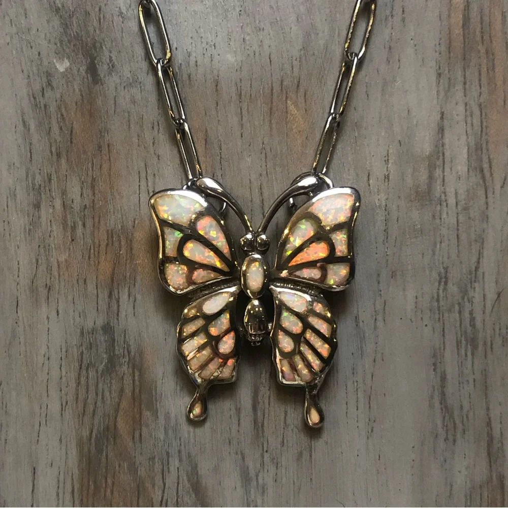 White Fire Opal Silver Butterfly Necklace - Picture 2 of 9